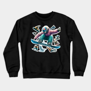 Frosty Freestyle Delight: Snowboarders' Frontside 360 Acrobatics in White, Red, Yellow, Black, Blue, and Orange Landscape Crewneck Sweatshirt